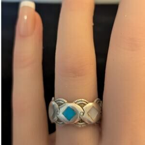 Vintage Signed 925 Sterling Turquoise & MOP Diamond Inlay Band Ring Size 6.75